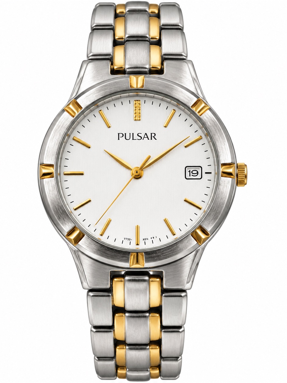 Pulsar TwoTone Silver  Gold Quartz Watch White Dial Date Stainless Steel